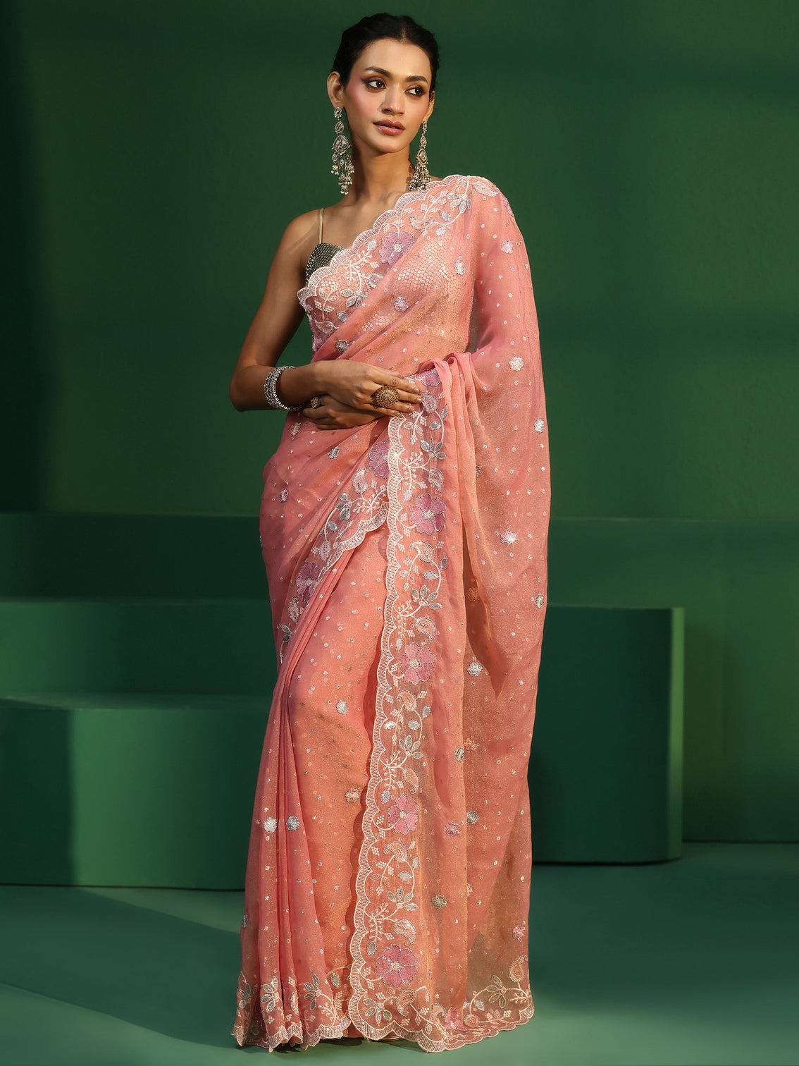 Mameraa Peach Embellished Tissue Saree with Floral Embroidered Border
