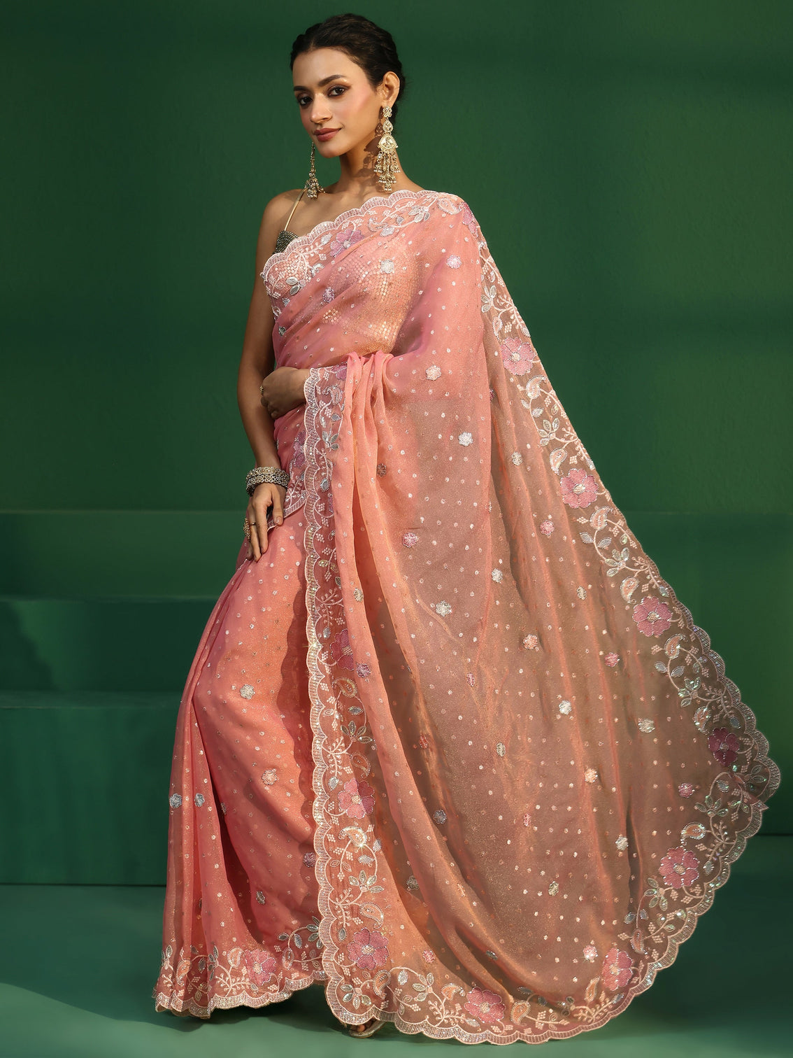 Mameraa Peach Embellished Tissue Saree with Floral Embroidered Border
