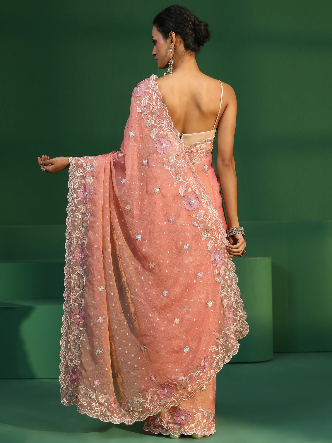 Mameraa Peach Embellished Tissue Saree with Floral Embroidered Border