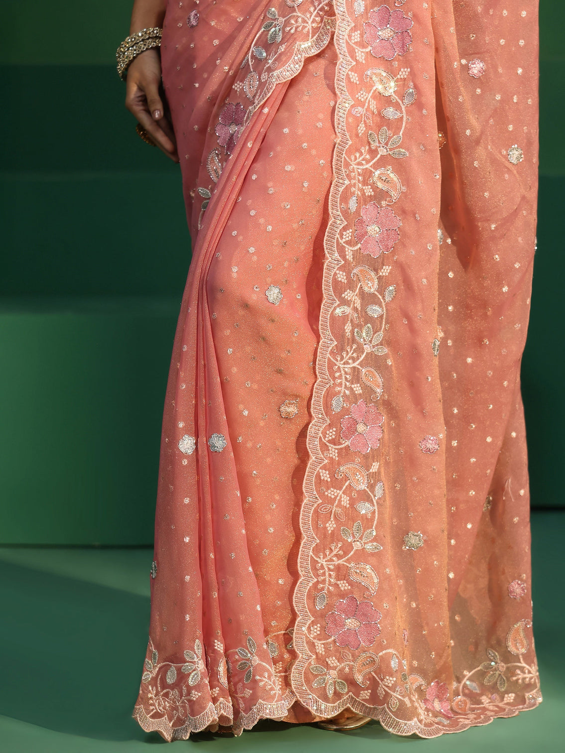 Mameraa Peach Embellished Tissue Saree with Floral Embroidered Border