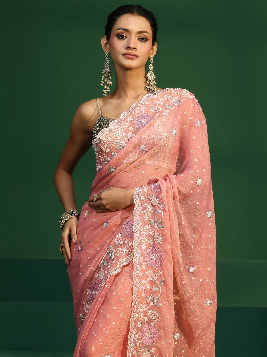 Mameraa Peach Embellished Tissue Saree with Floral Embroidered Border