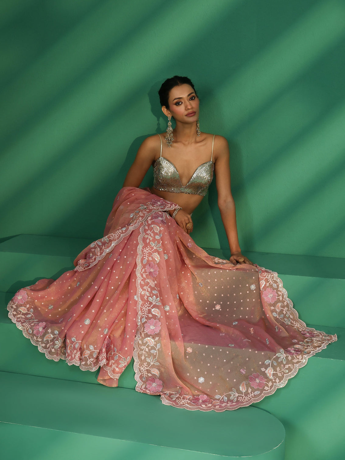 Mameraa Peach Embellished Tissue Saree with Floral Embroidered Border