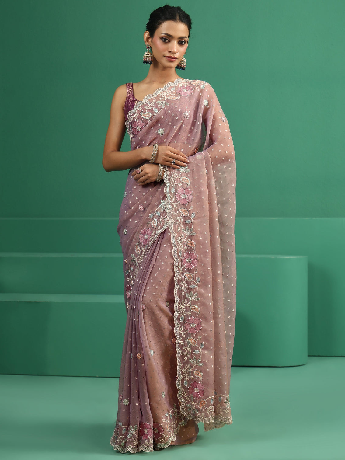 Mameraa Lavender Embellished Tissue Saree with Floral Embroidered Border