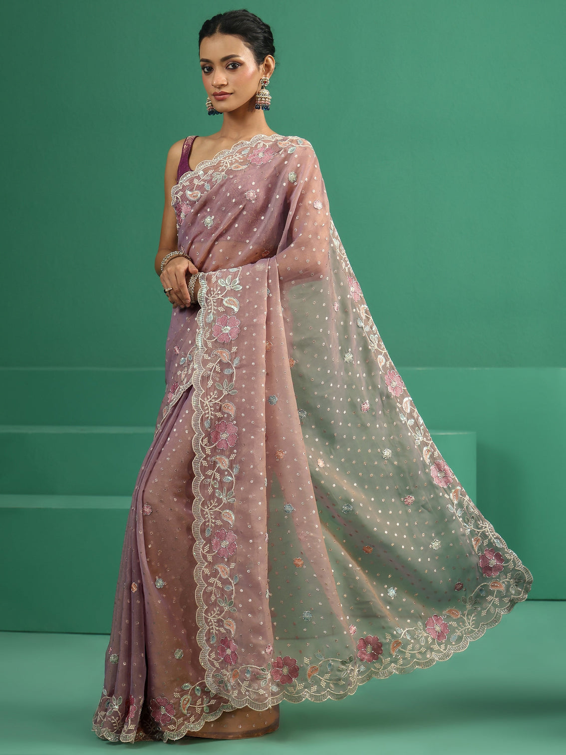 Mameraa Lavender Embellished Tissue Saree with Floral Embroidered Border