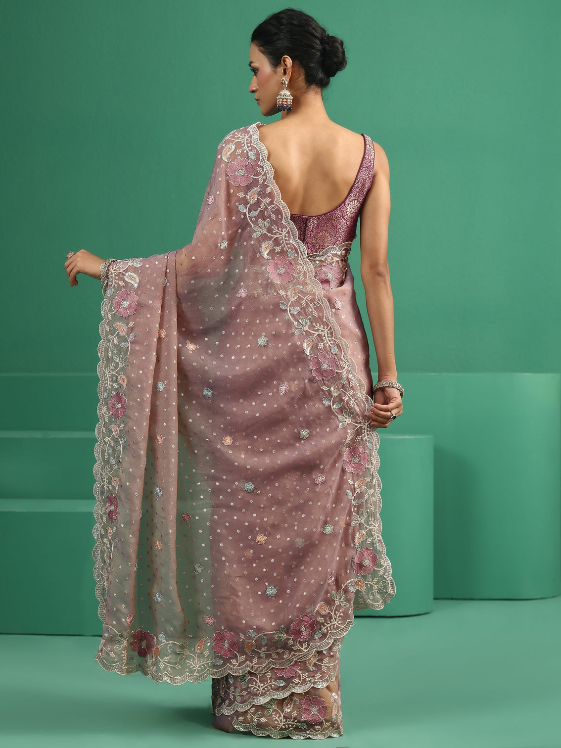 Mameraa Lavender Embellished Tissue Saree with Floral Embroidered Border