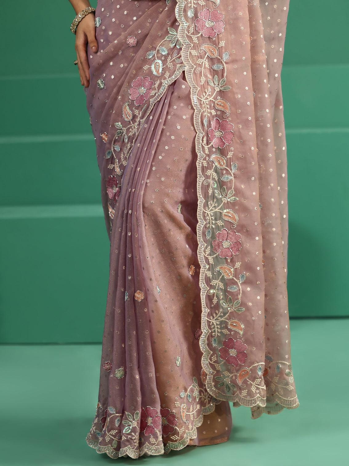 Mameraa Lavender Embellished Tissue Saree with Floral Embroidered Border