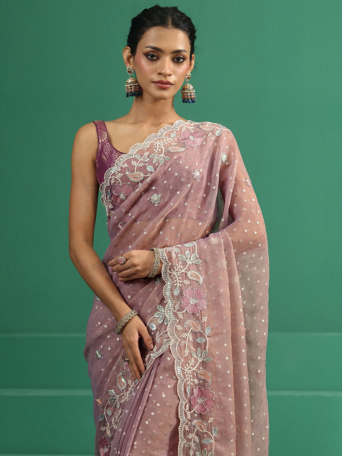 Mameraa Lavender Embellished Tissue Saree with Floral Embroidered Border