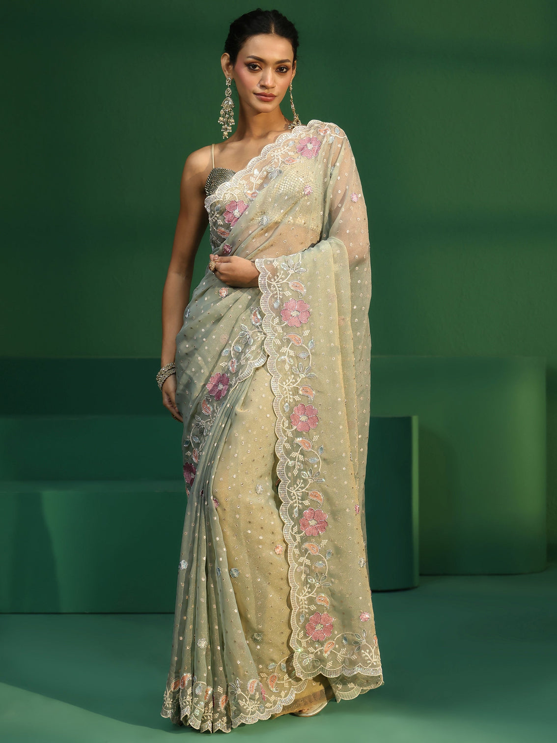 Mameraa Powder Blue Embellished Tissue Saree with Floral Embroidered Border