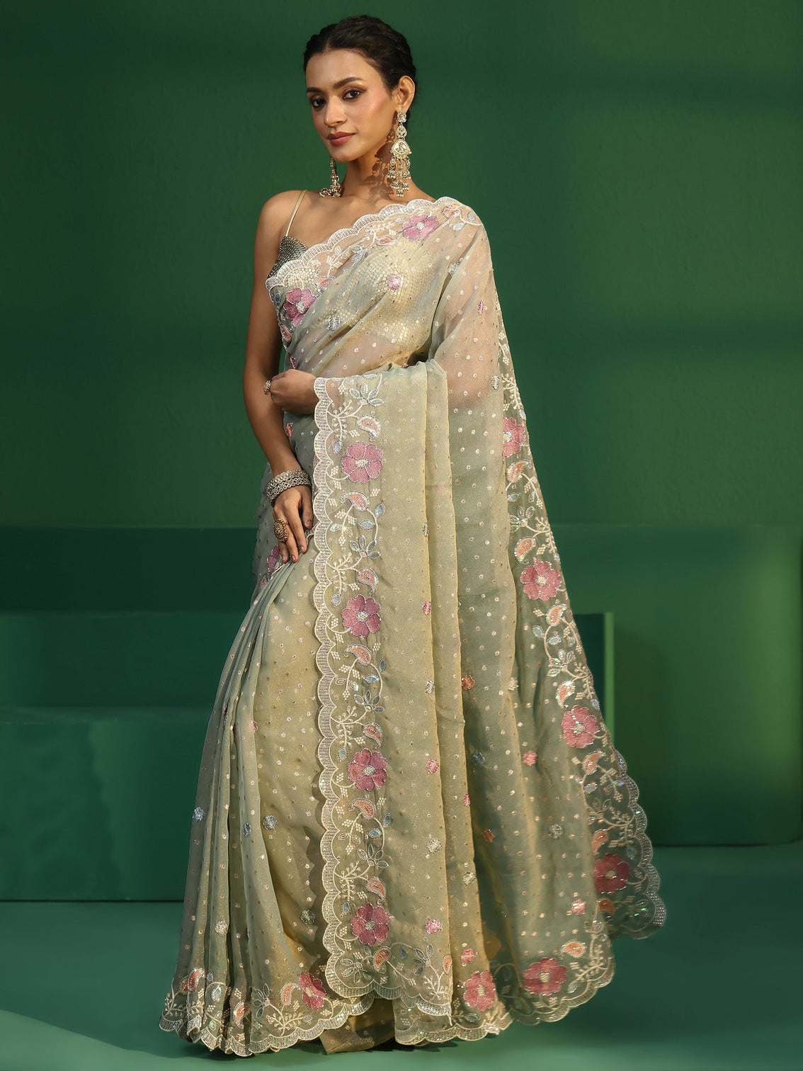 Mameraa Powder Blue Embellished Tissue Saree with Floral Embroidered Border