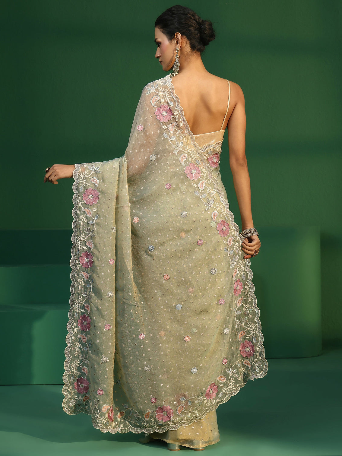 Mameraa Powder Blue Embellished Tissue Saree with Floral Embroidered Border