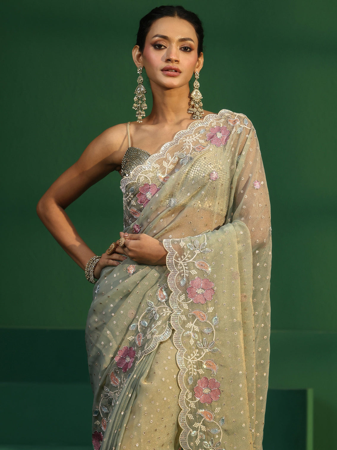 Mameraa Powder Blue Embellished Tissue Saree with Floral Embroidered Border