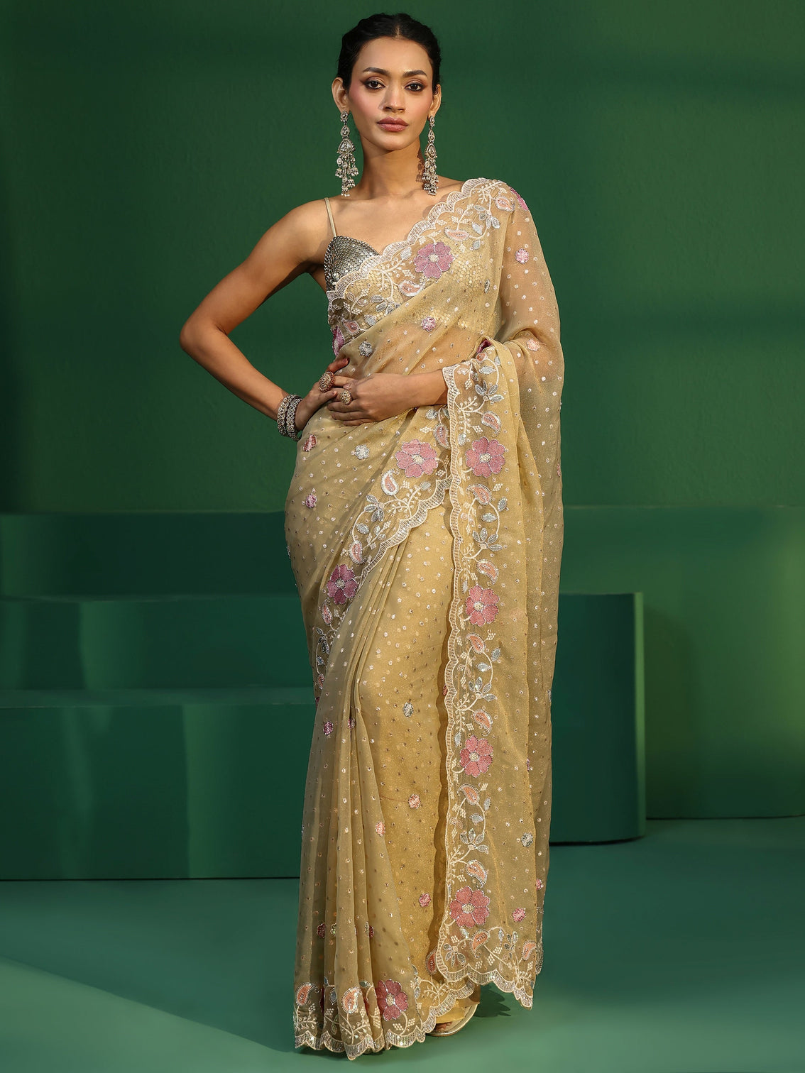 Mameraa Green Embellished Tissue Saree with Floral Embroidered Border