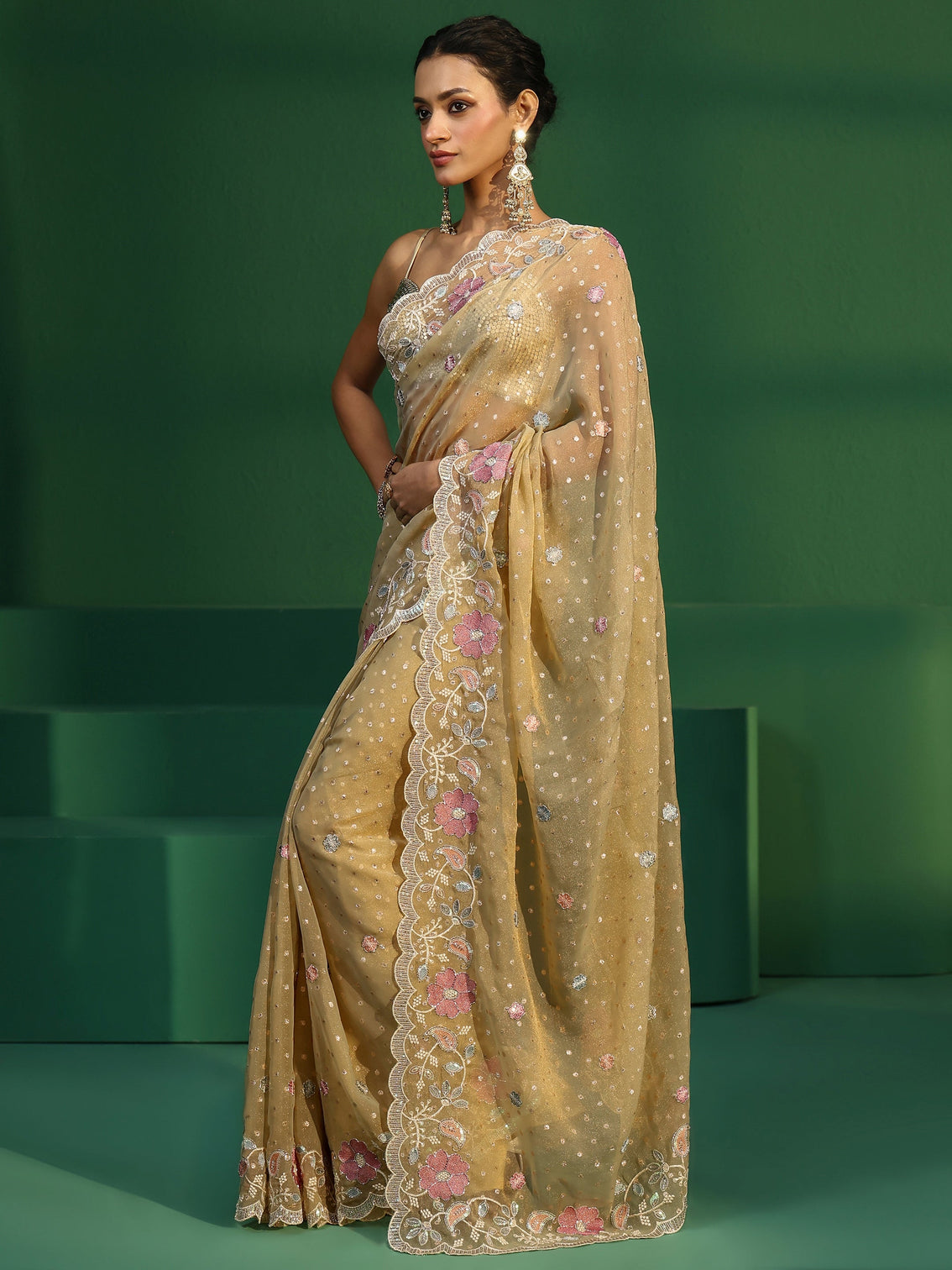 Mameraa Green Embellished Tissue Saree with Floral Embroidered Border