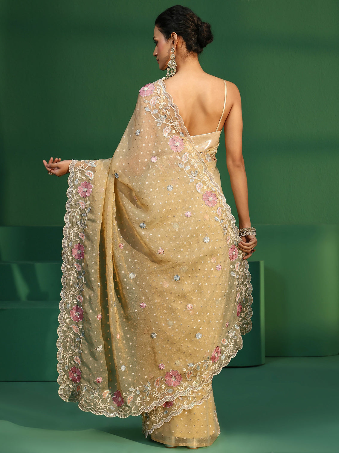 Mameraa Green Embellished Tissue Saree with Floral Embroidered Border