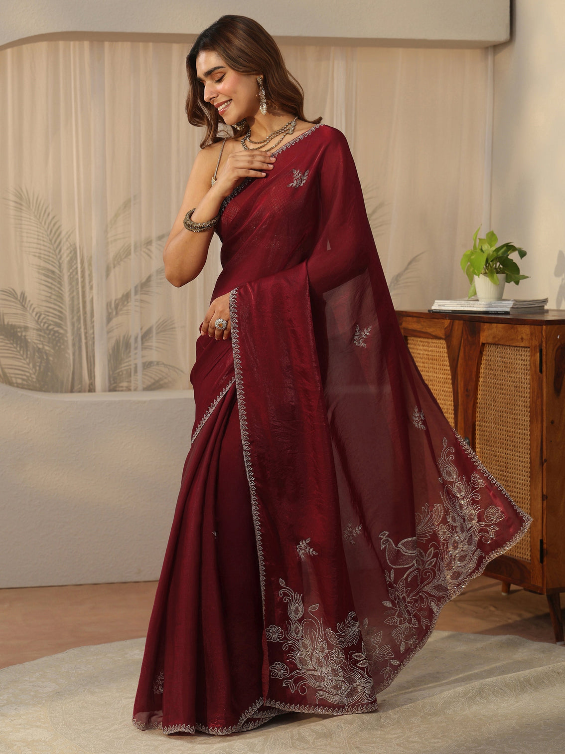 Mameraa Maroon Floral Embellished Tissue Saree