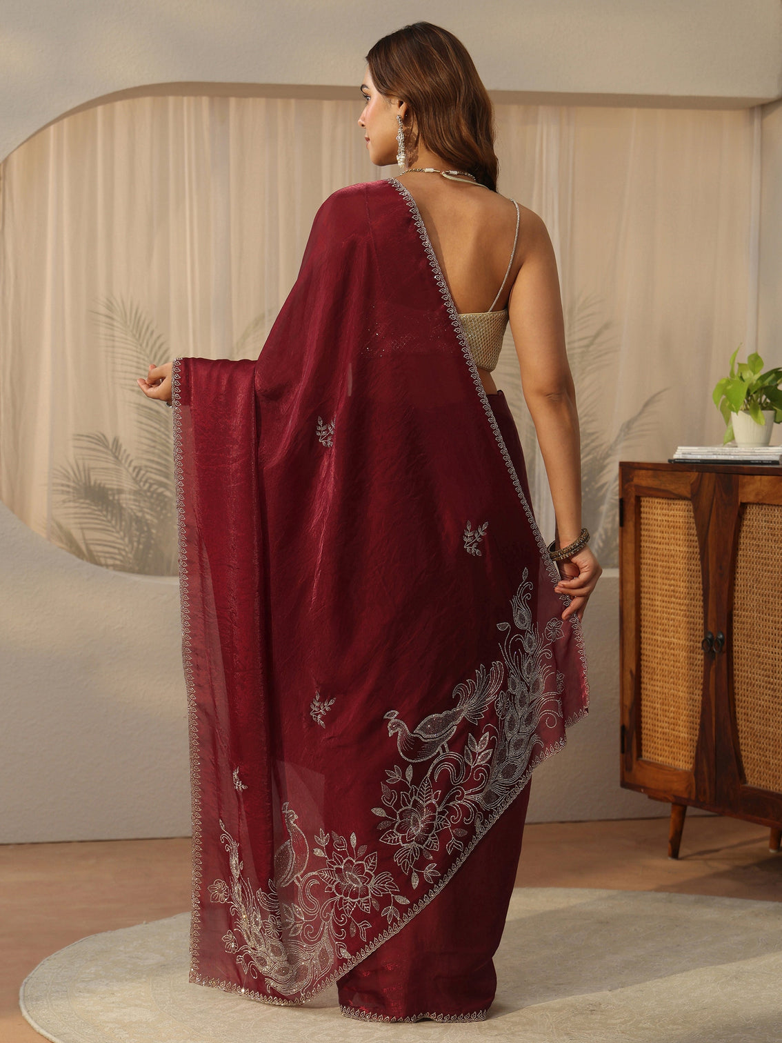 Mameraa Maroon Floral Embellished Tissue Saree