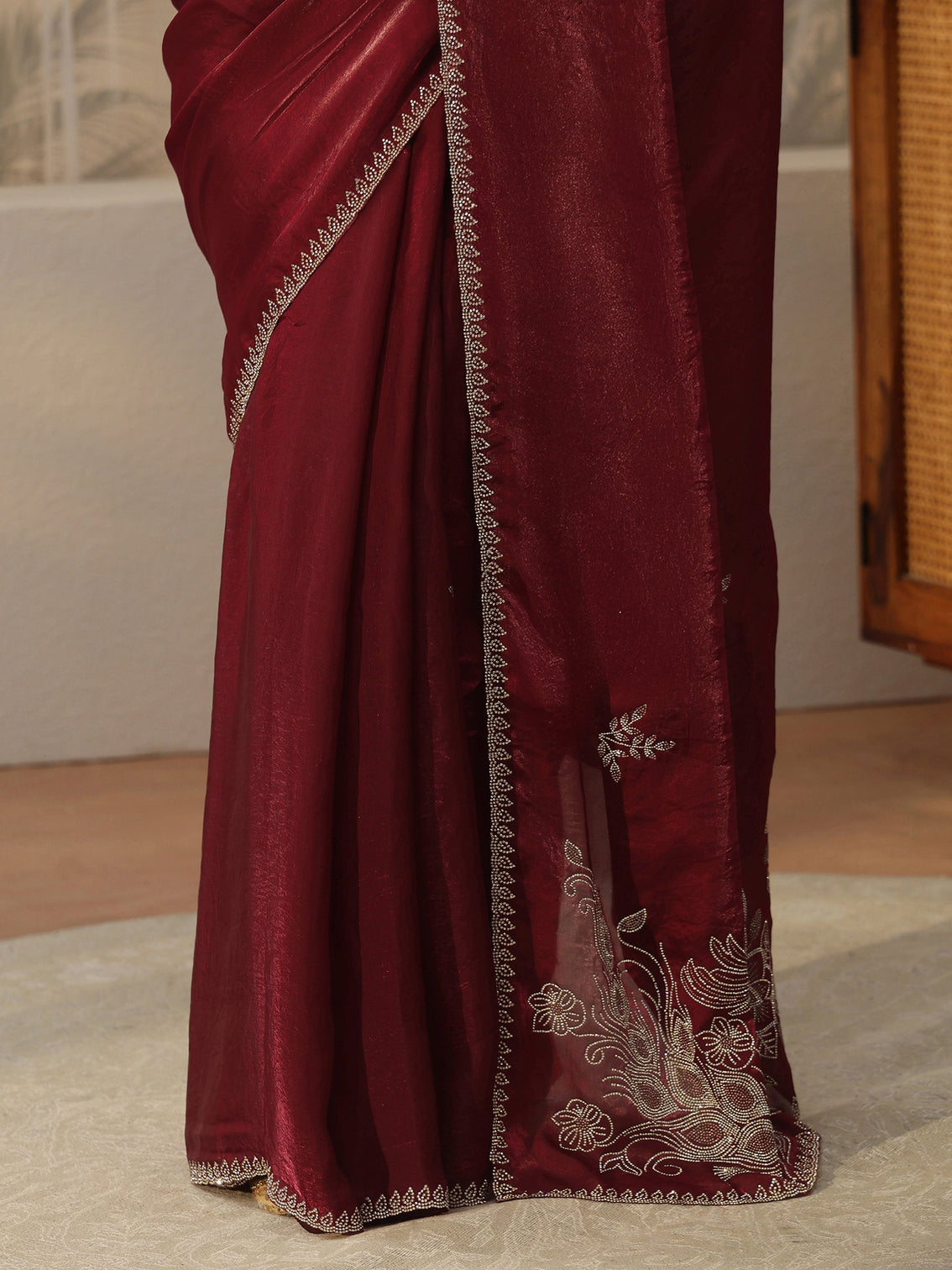 Mameraa Maroon Floral Embellished Tissue Saree