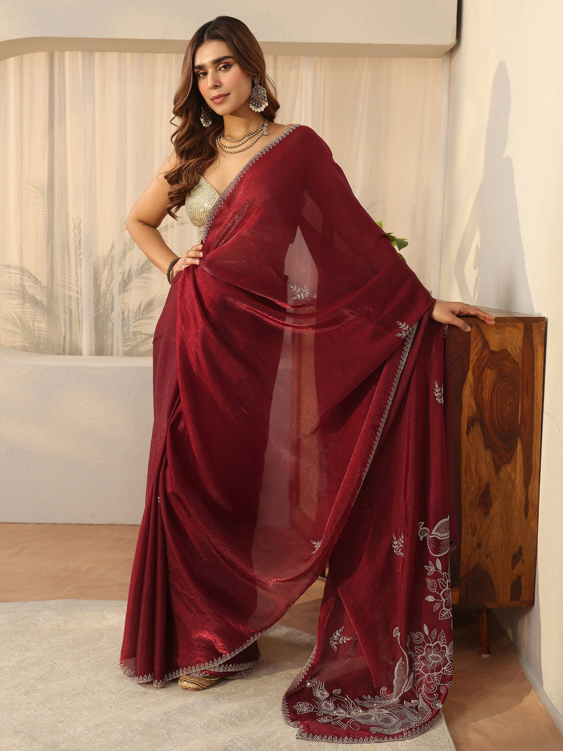 Mameraa Maroon Floral Embellished Tissue Saree