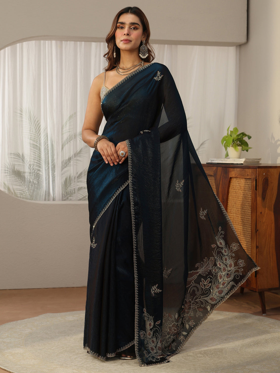 Mameraa Teal Blue Floral Embellished Tissue Saree