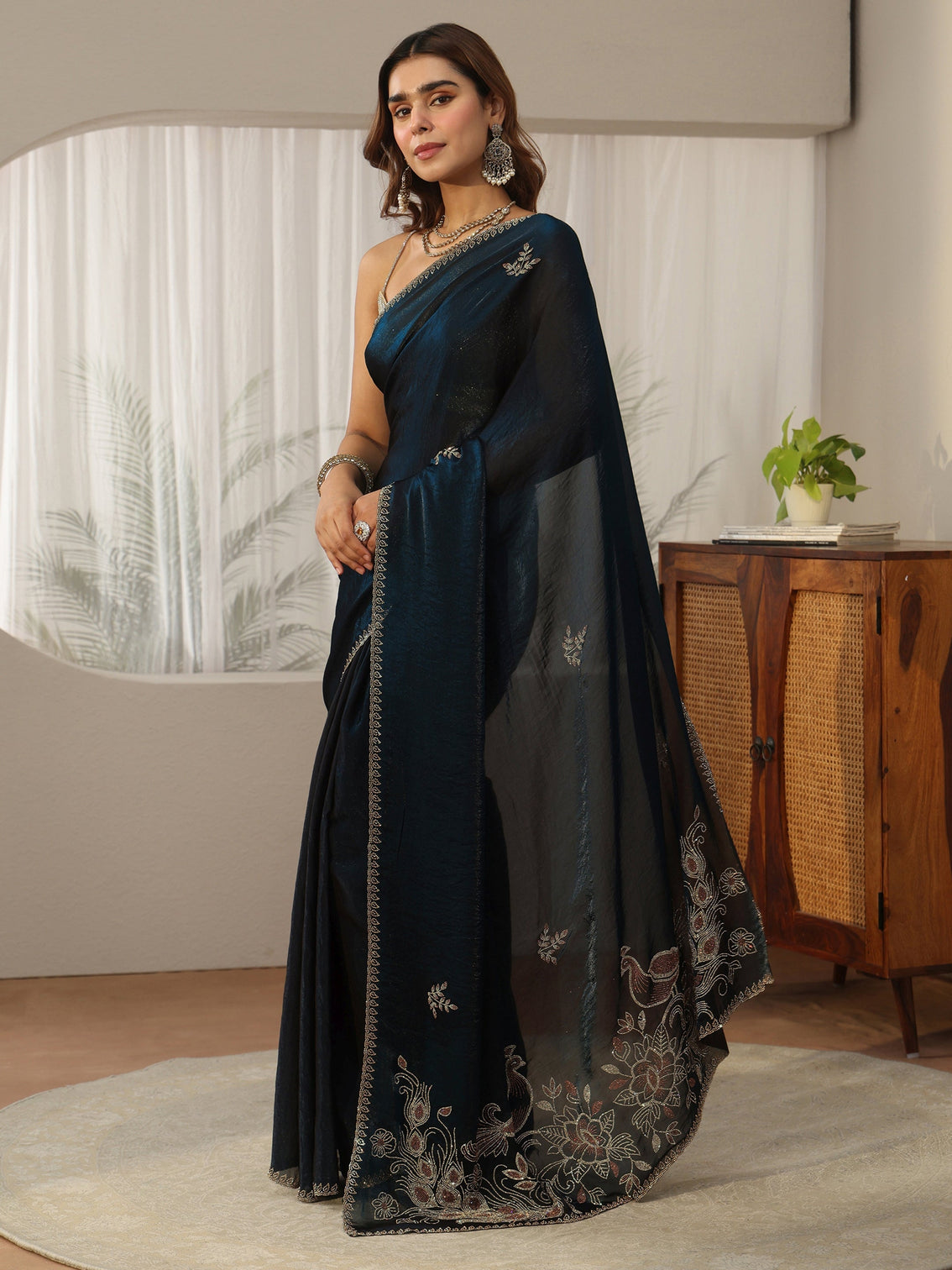 Mameraa Teal Blue Floral Embellished Tissue Saree