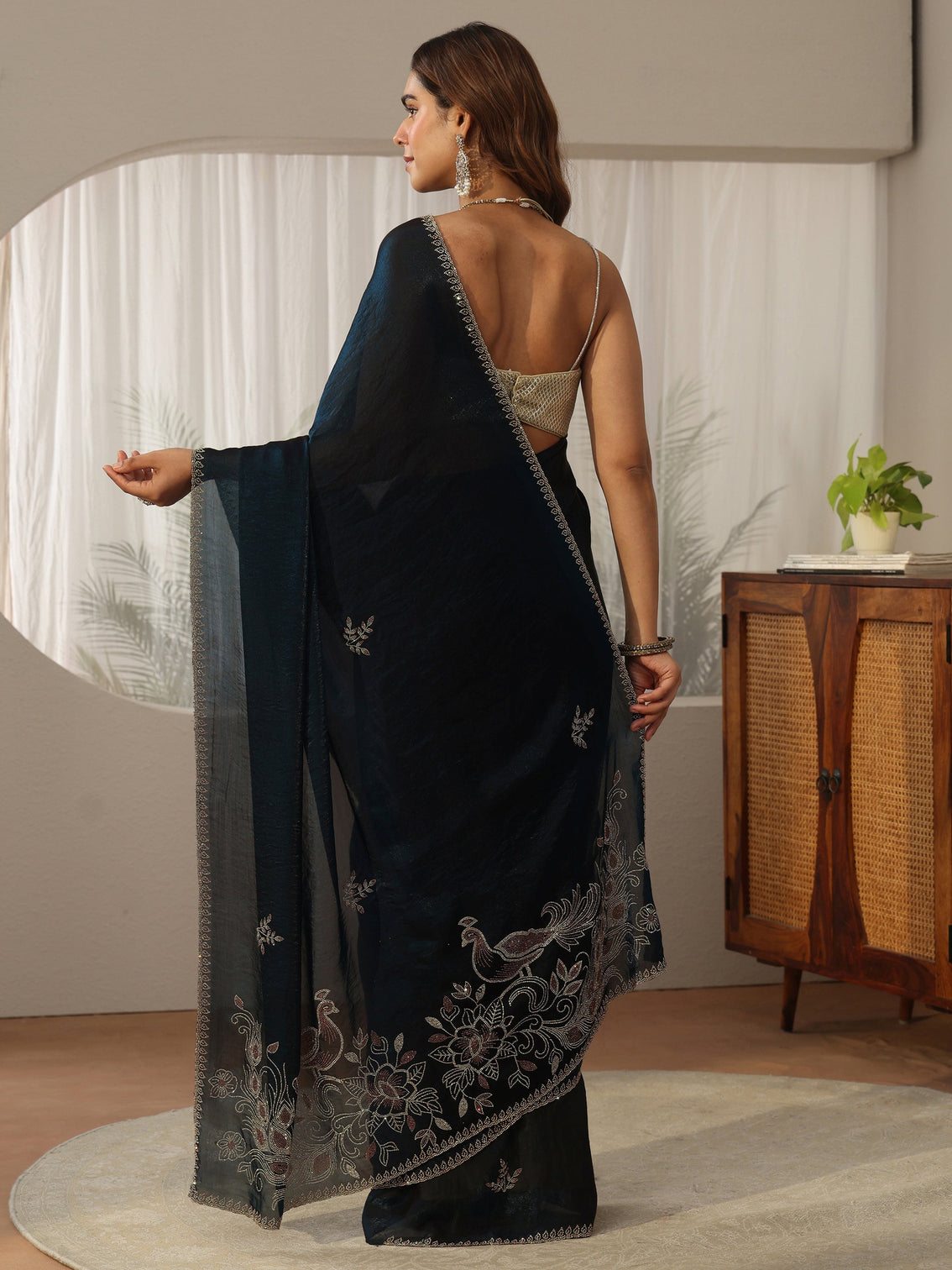 Mameraa Teal Blue Floral Embellished Tissue Saree