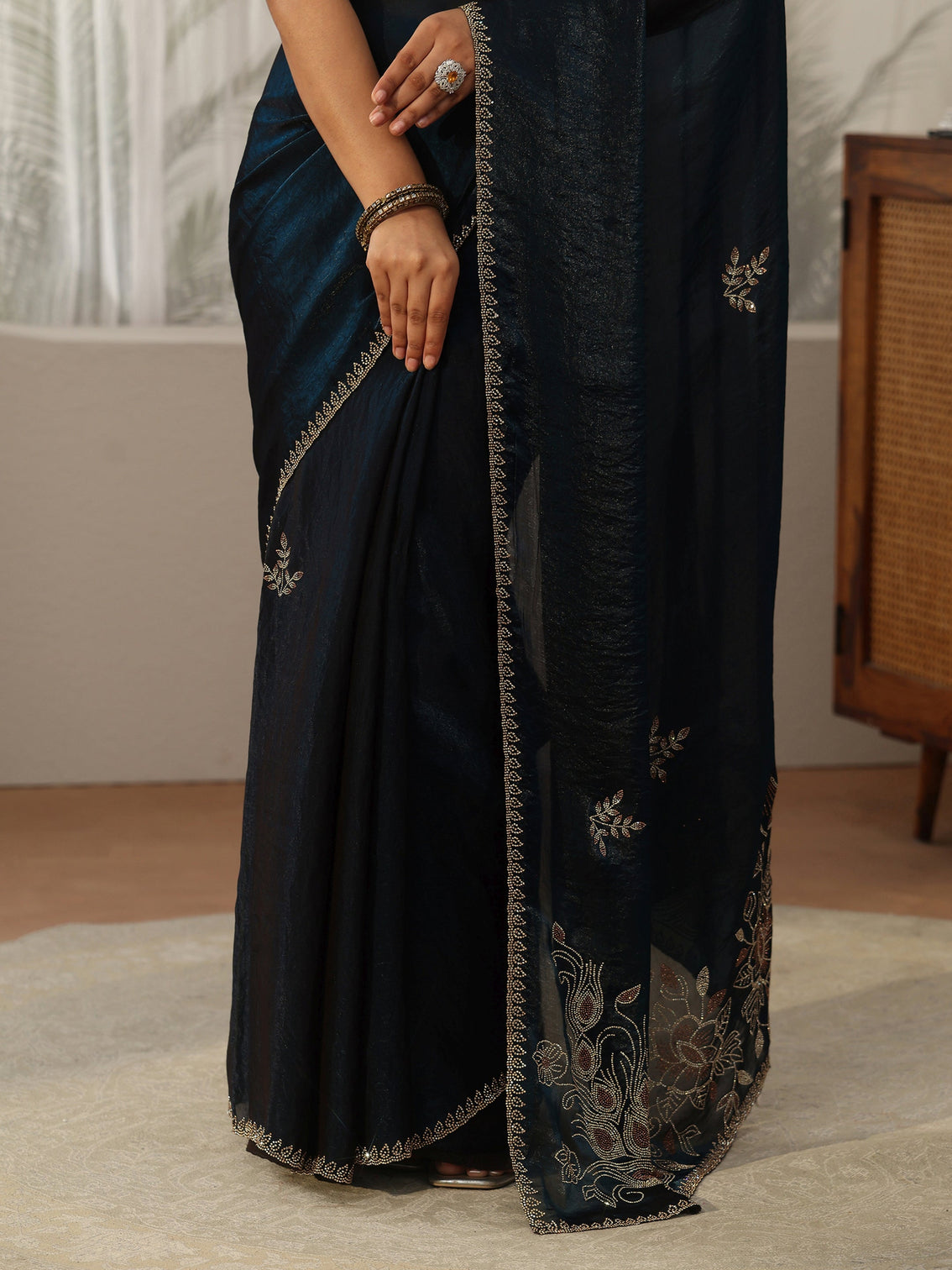 Mameraa Teal Blue Floral Embellished Tissue Saree