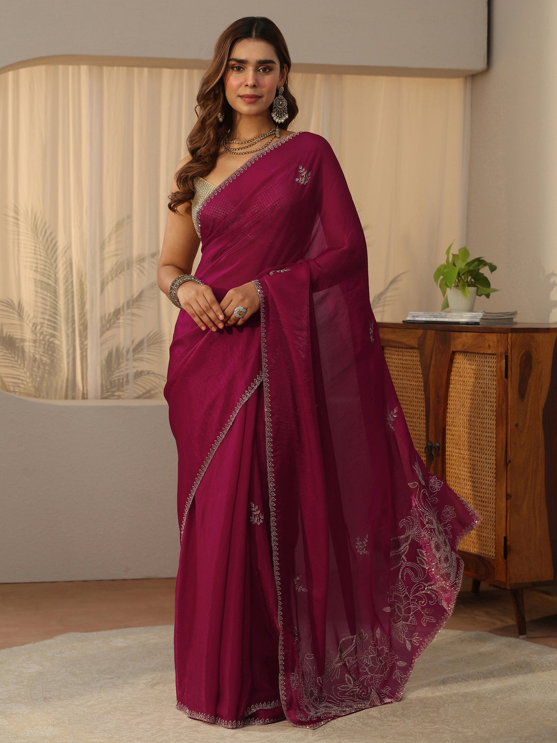 Mameraa Pink Floral Embellished Tissue Saree