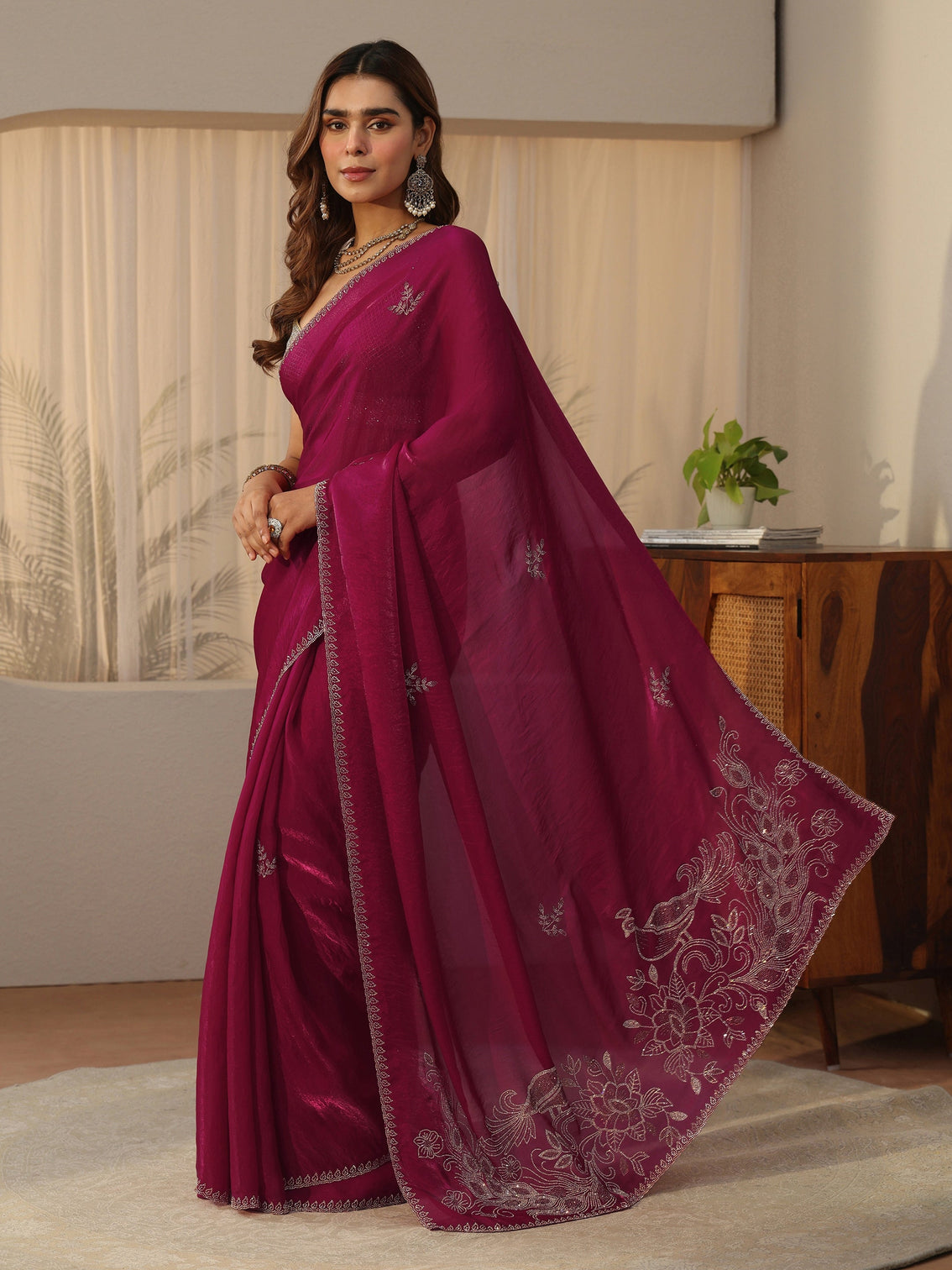 Mameraa Pink Floral Embellished Tissue Saree