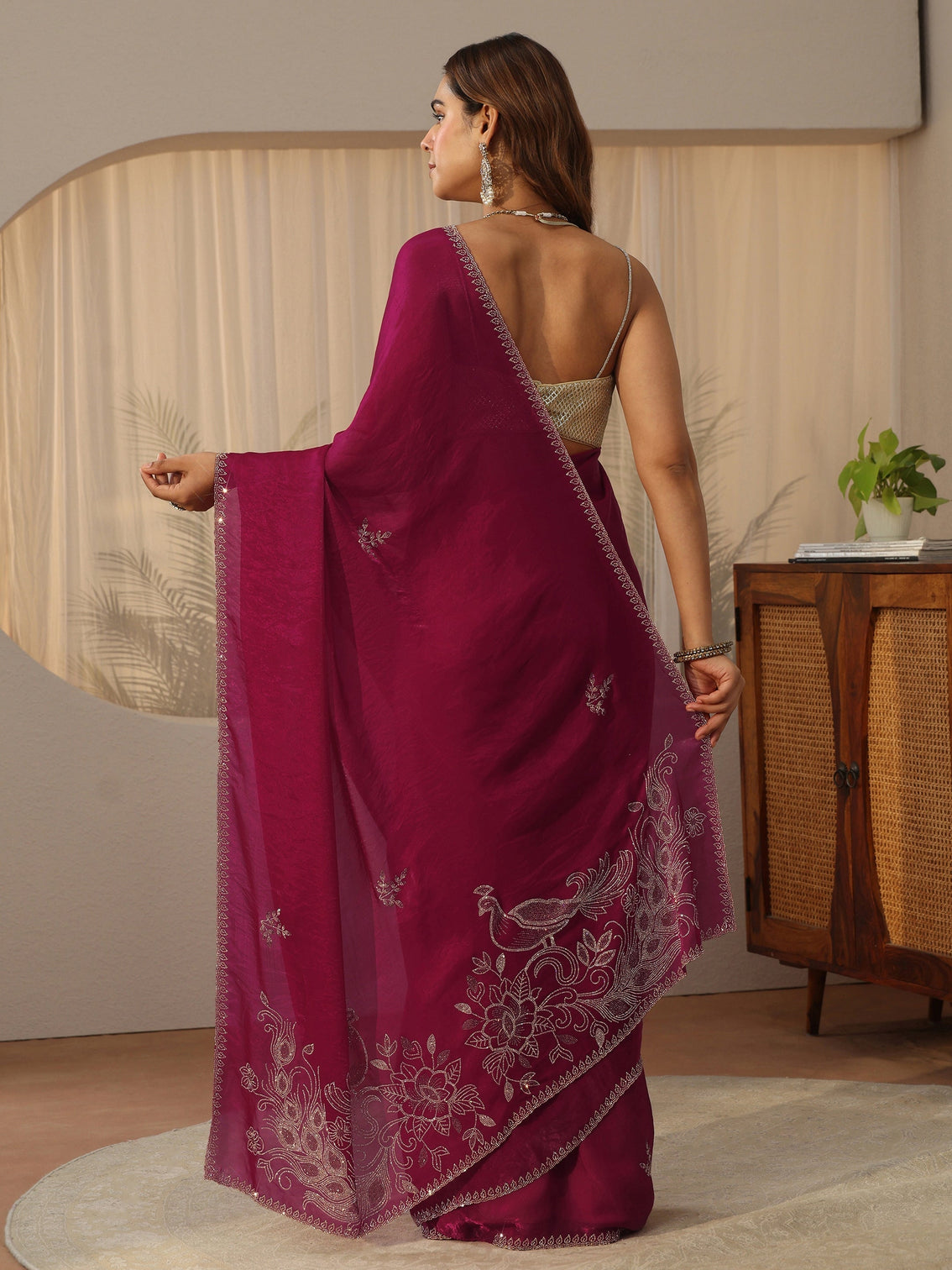 Mameraa Pink Floral Embellished Tissue Saree