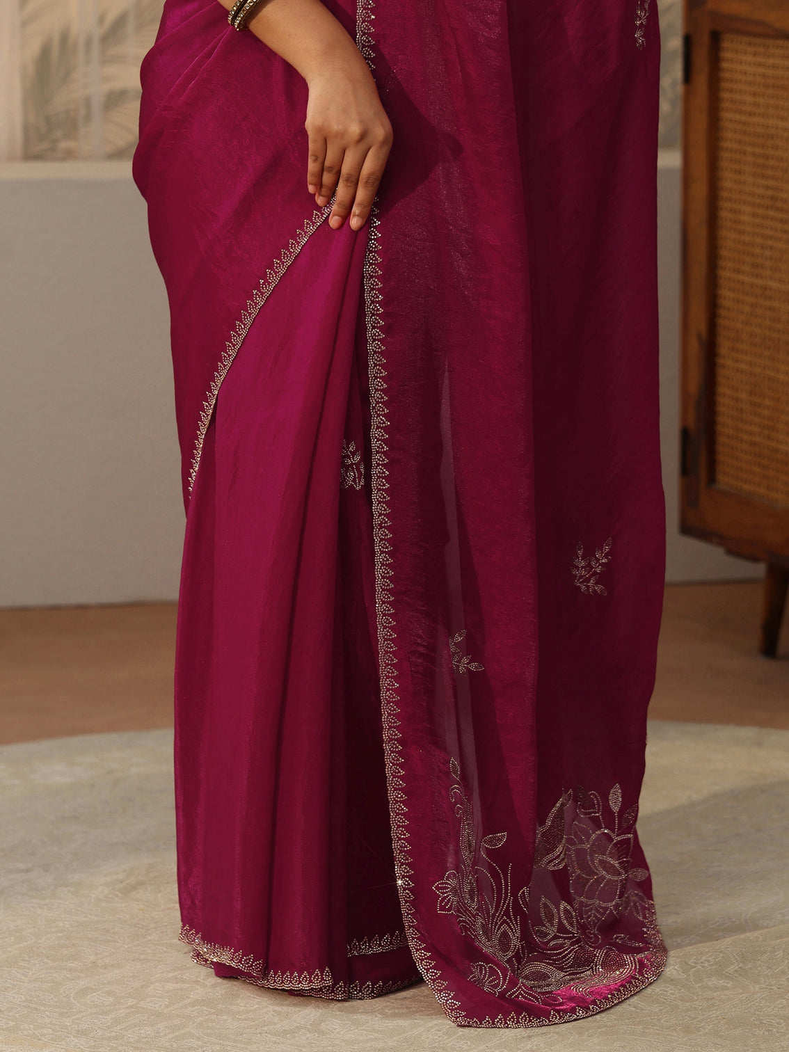 Mameraa Pink Floral Embellished Tissue Saree