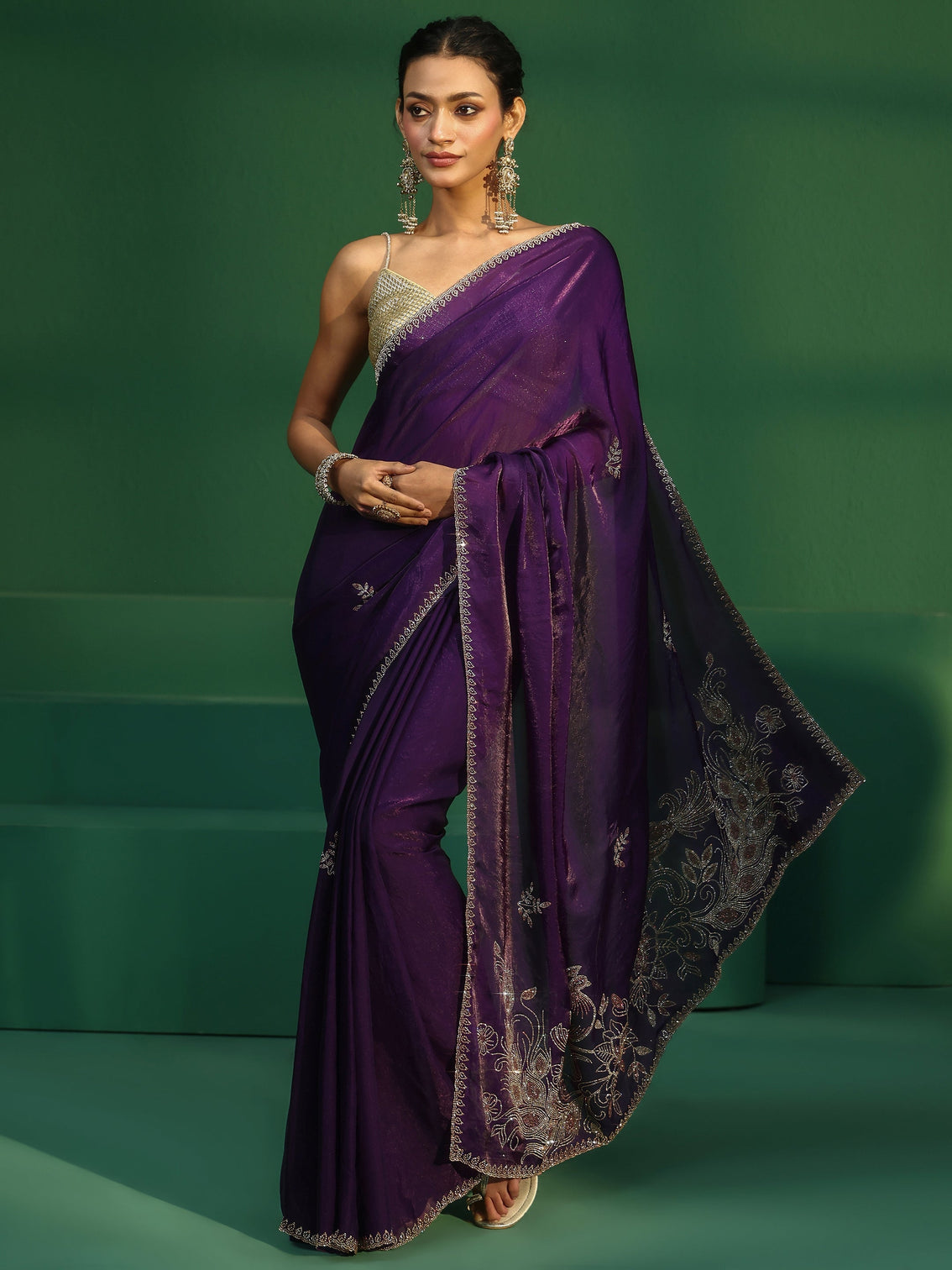 Mameraa Regal Purple Tissue Saree with Embellished Pallu