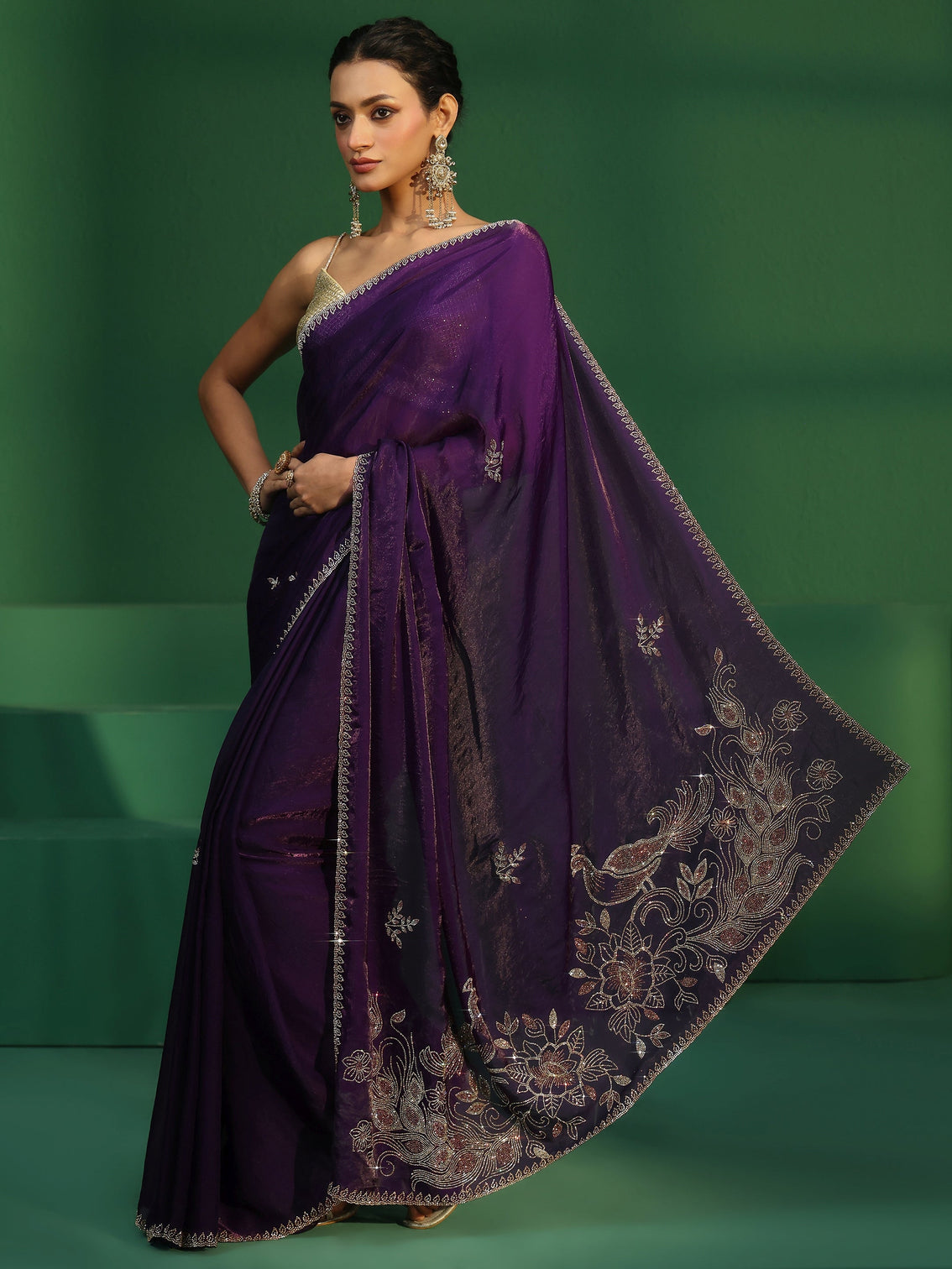 Mameraa Regal Purple Tissue Saree with Embellished Pallu