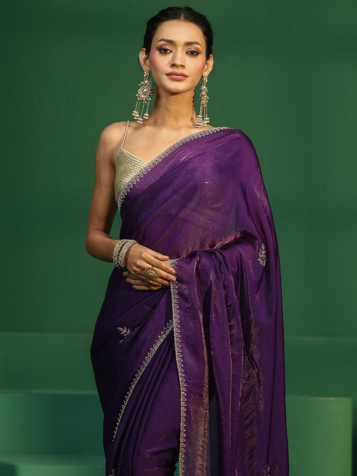 Mameraa Regal Purple Tissue Saree with Embellished Pallu