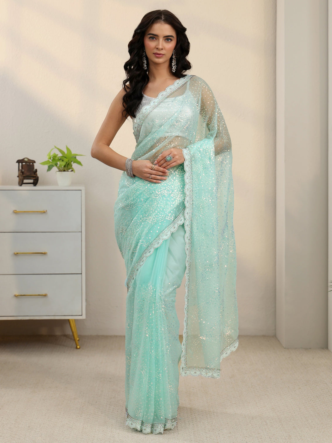 Mameraa Sky Blue Embellished Chiffon Saree with Scalloped Border
