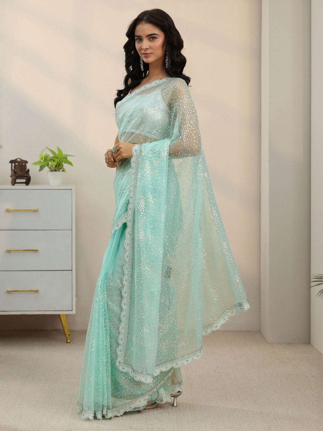 Mameraa Sky Blue Embellished Chiffon Saree with Scalloped Border
