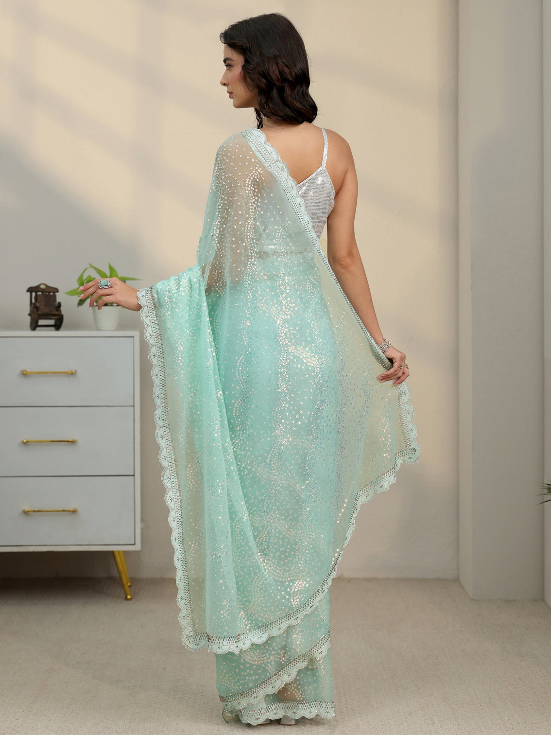 Mameraa Sky Blue Embellished Chiffon Saree with Scalloped Border