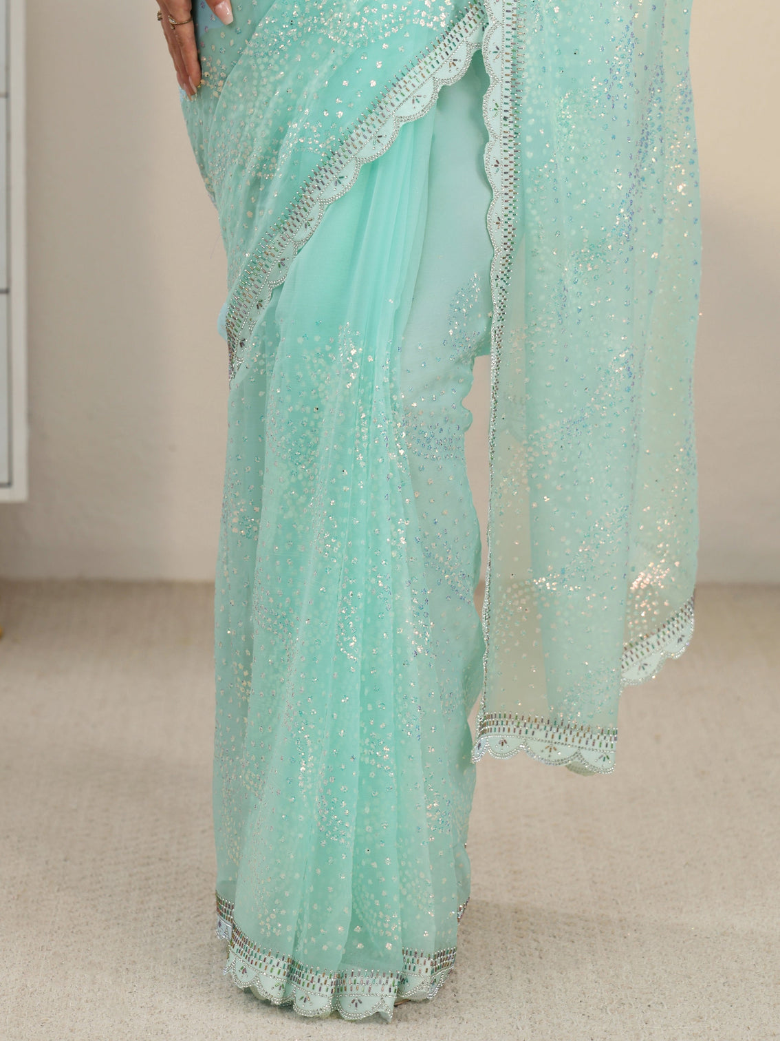 Mameraa Sky Blue Embellished Chiffon Saree with Scalloped Border