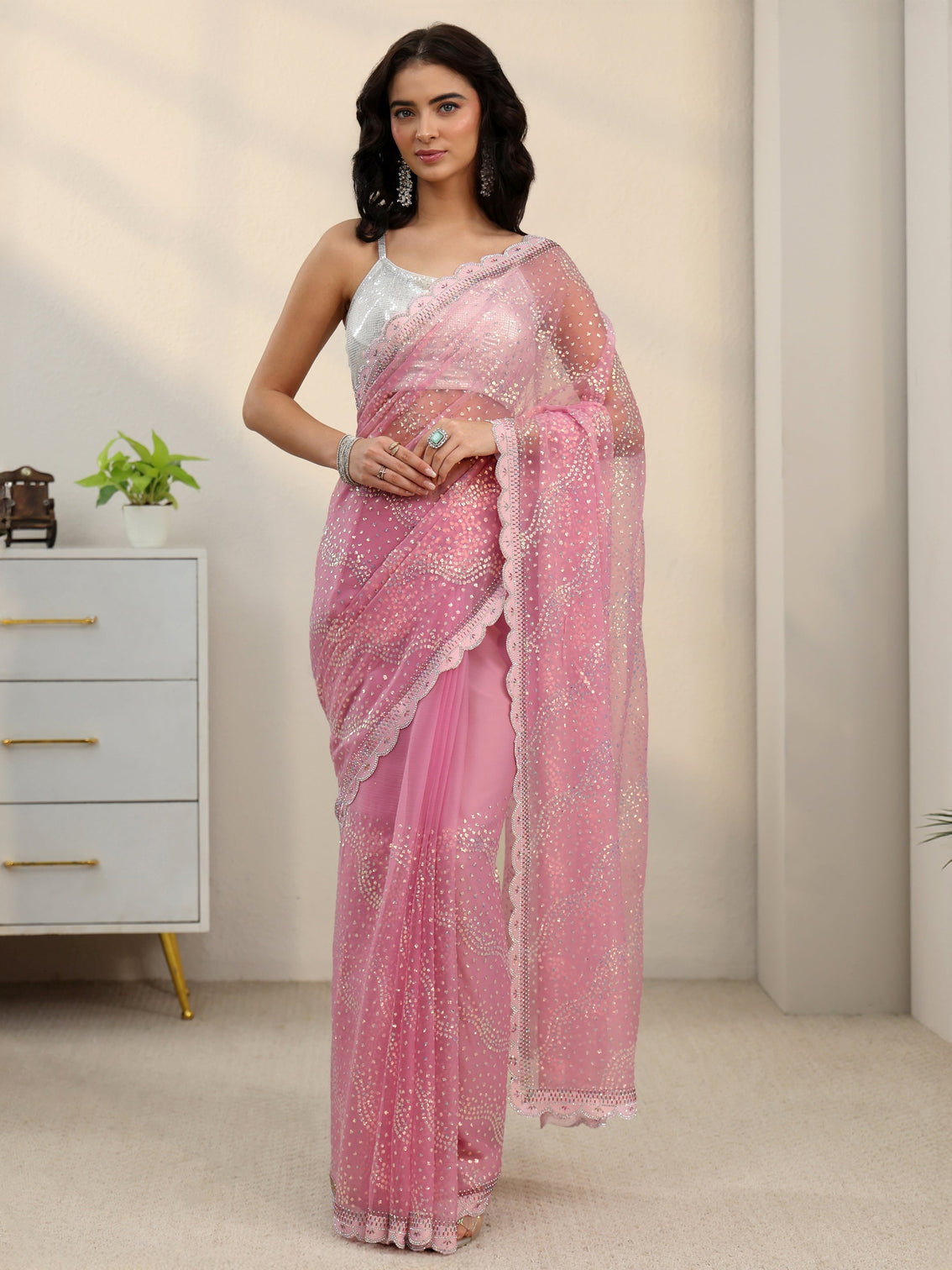 Mameraa Baby Pink Embellished Chiffon Saree with Scalloped Border
