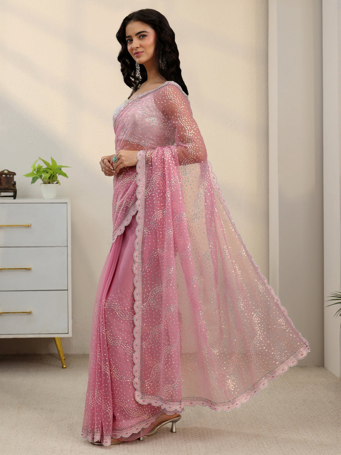 Mameraa Baby Pink Embellished Chiffon Saree with Scalloped Border