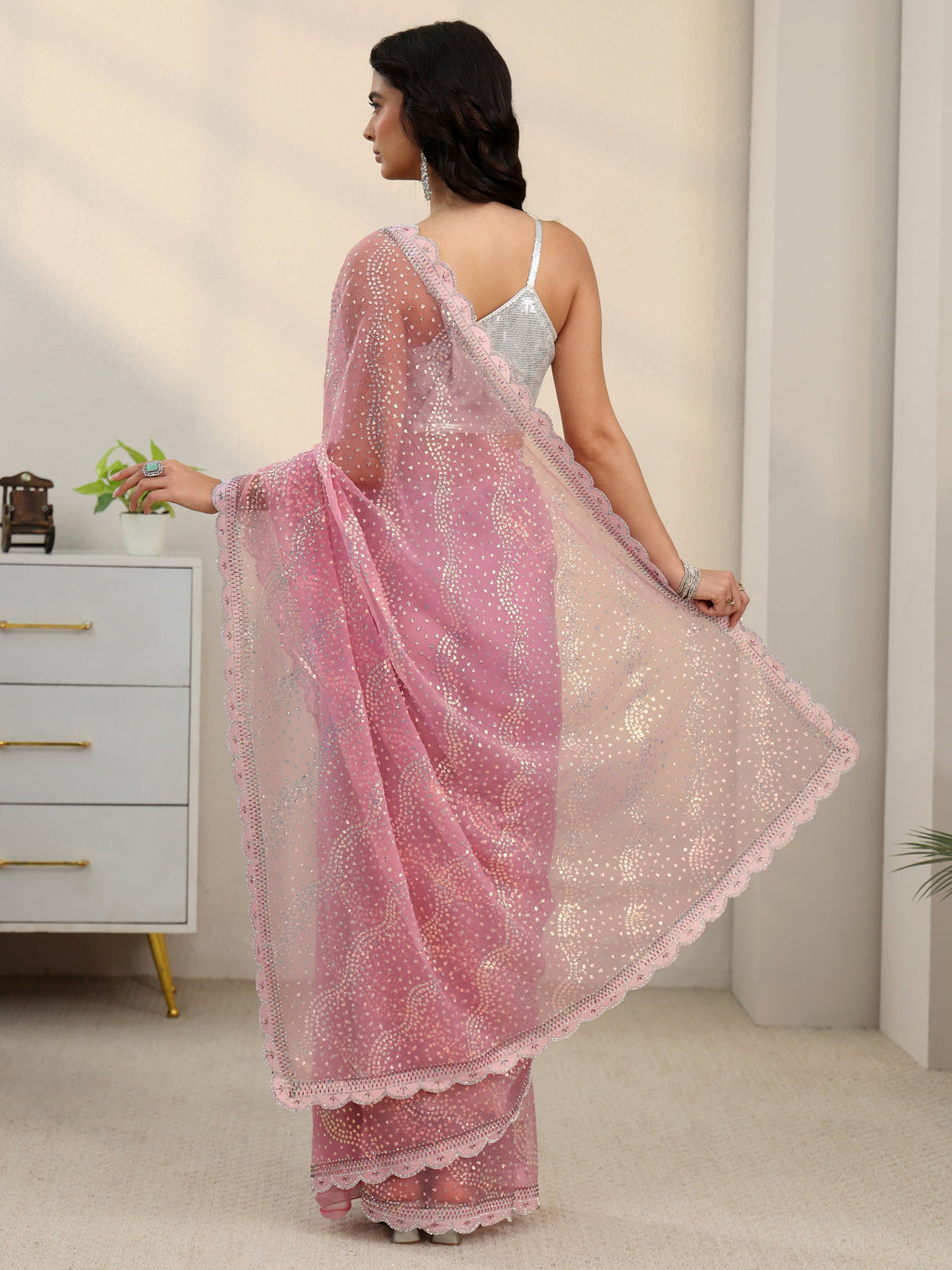 Mameraa Baby Pink Embellished Chiffon Saree with Scalloped Border