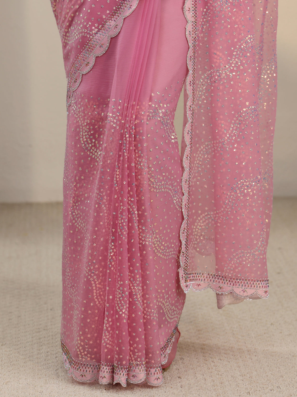 Mameraa Baby Pink Embellished Chiffon Saree with Scalloped Border