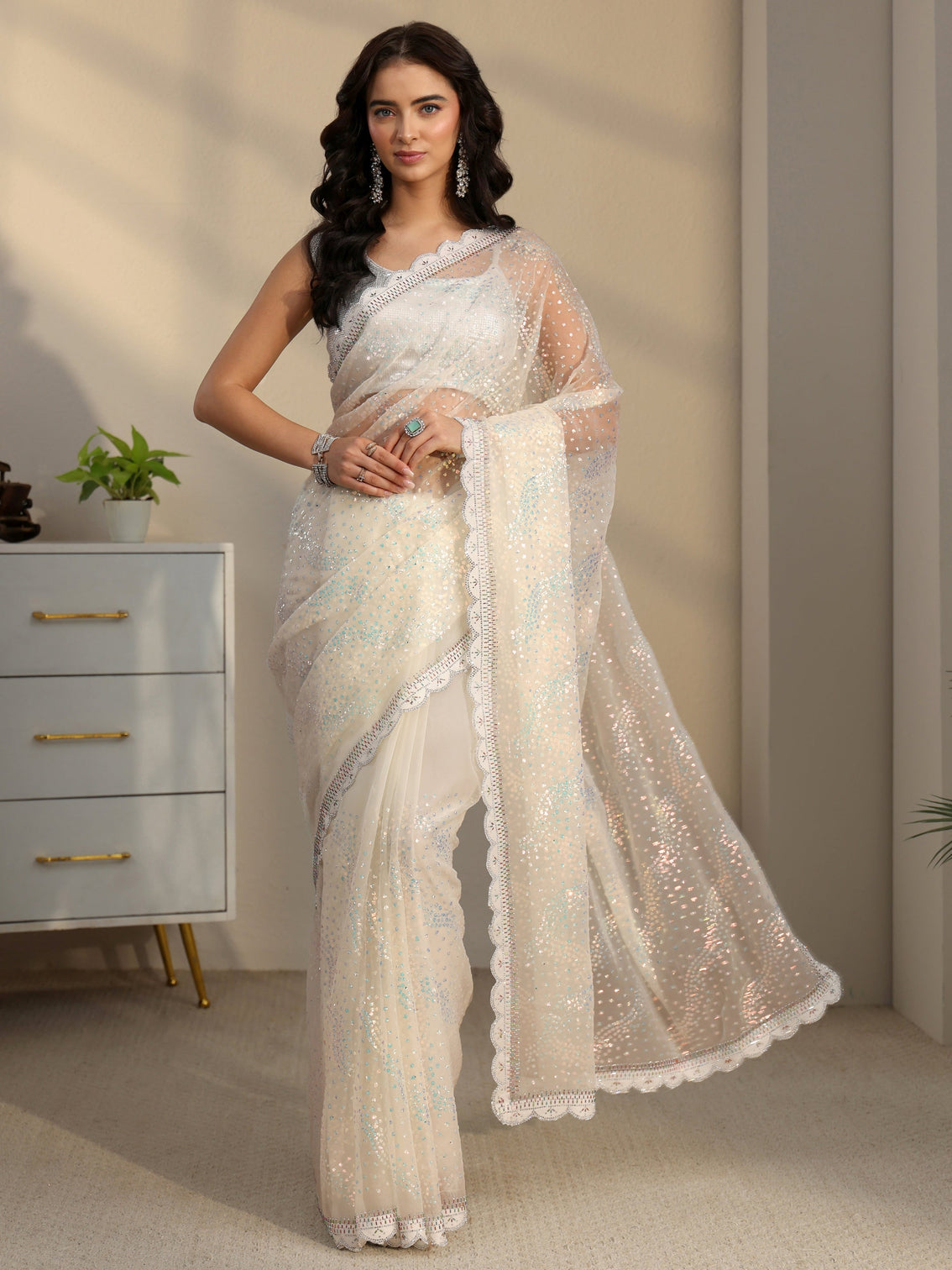 Mameraa Cream Embellished Chiffon Saree with Scalloped Border