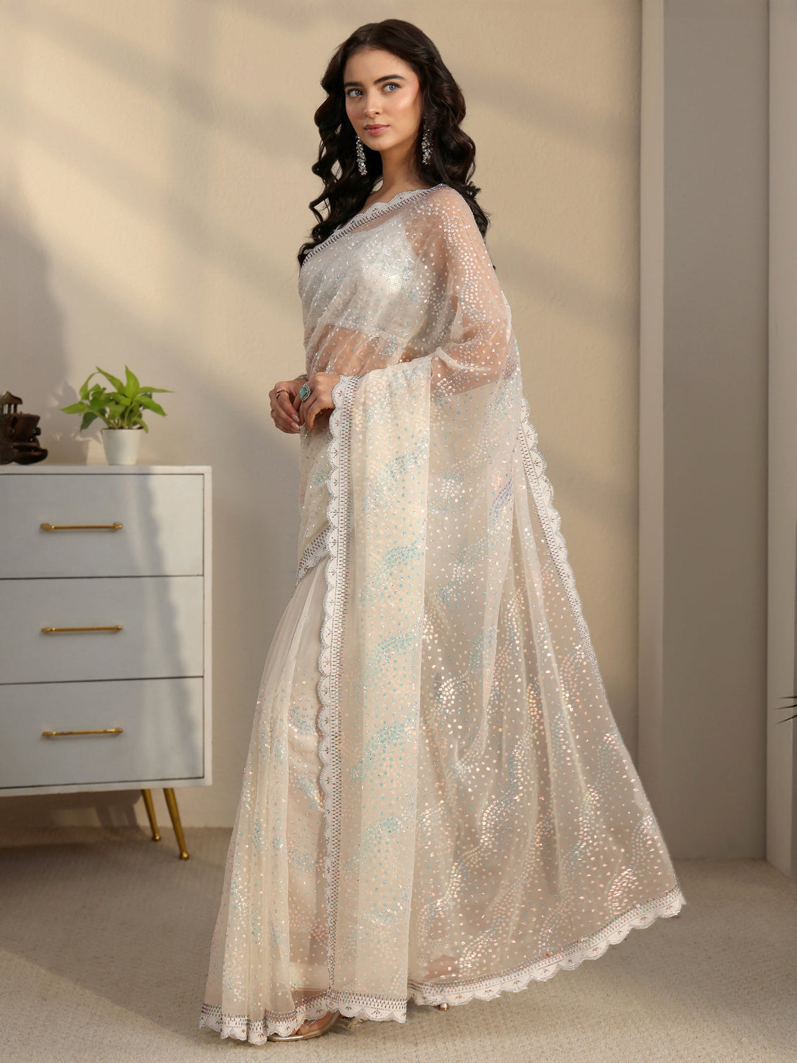 Mameraa Cream Embellished Chiffon Saree with Scalloped Border