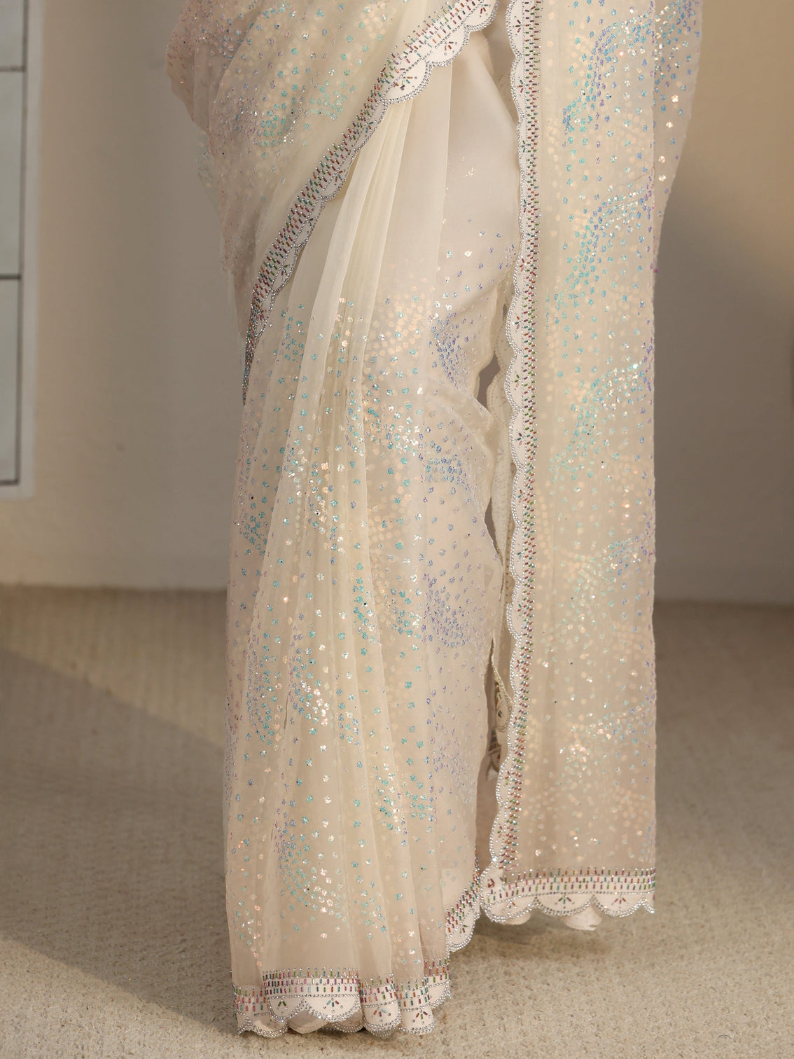 Mameraa Cream Embellished Chiffon Saree with Scalloped Border