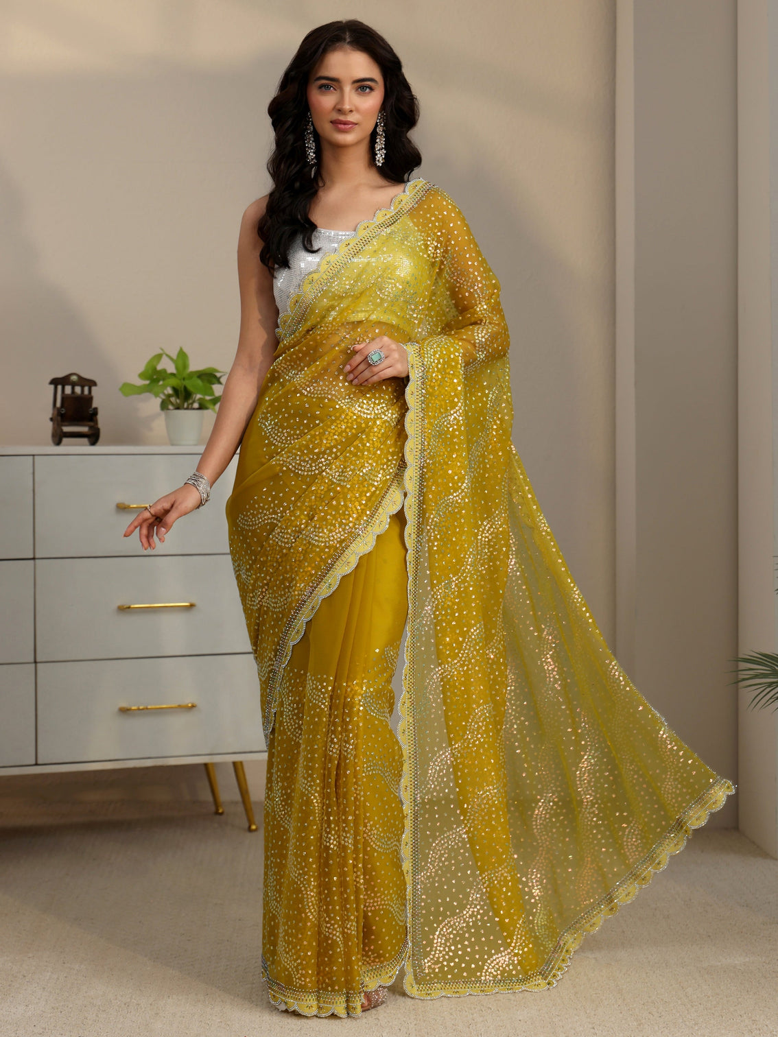 Mameraa Mustard Embellished Chiffon Saree with Scalloped Border