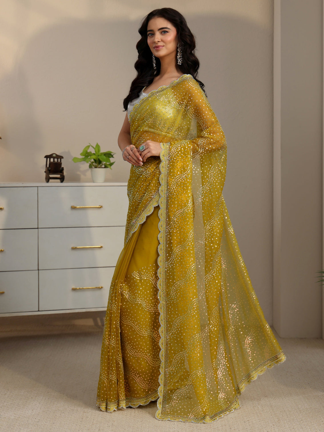 Mameraa Mustard Embellished Chiffon Saree with Scalloped Border