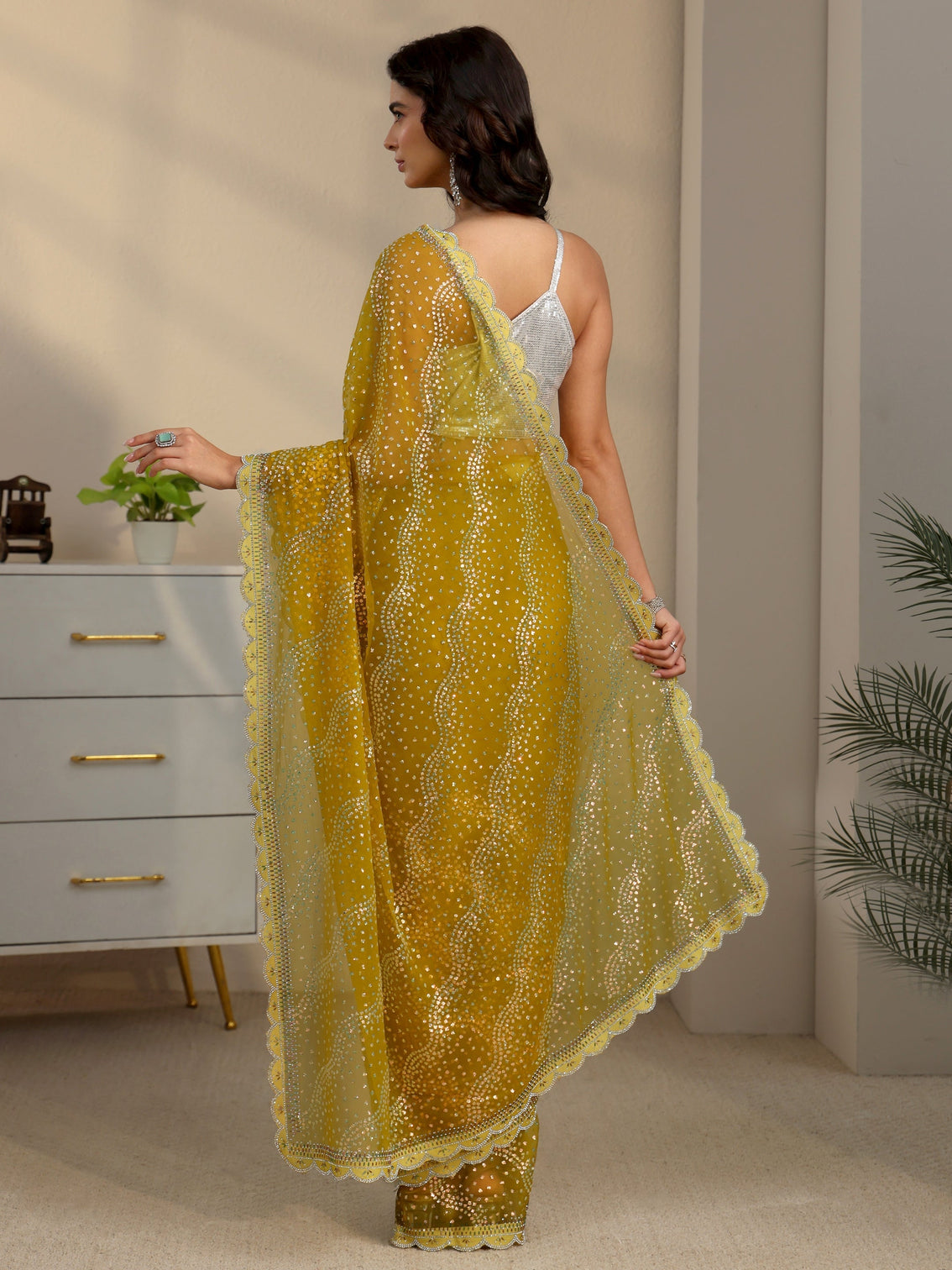 Mameraa Mustard Embellished Chiffon Saree with Scalloped Border