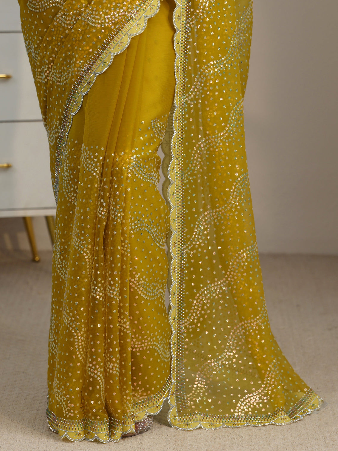 Mameraa Mustard Embellished Chiffon Saree with Scalloped Border