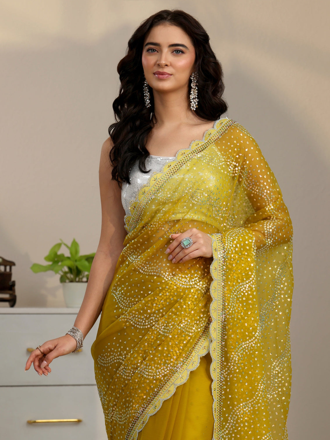 Mameraa Mustard Embellished Chiffon Saree with Scalloped Border
