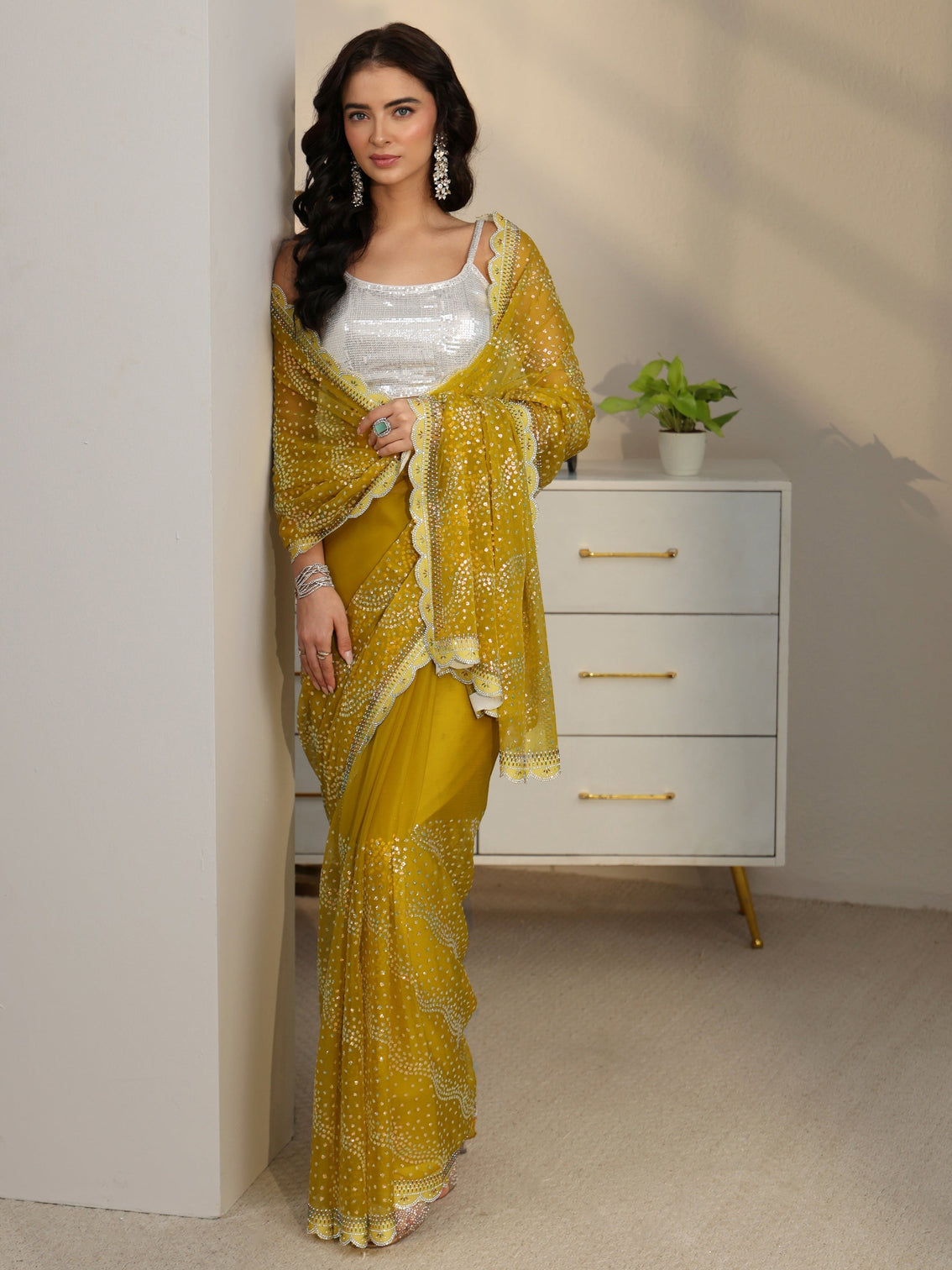 Mameraa Mustard Embellished Chiffon Saree with Scalloped Border